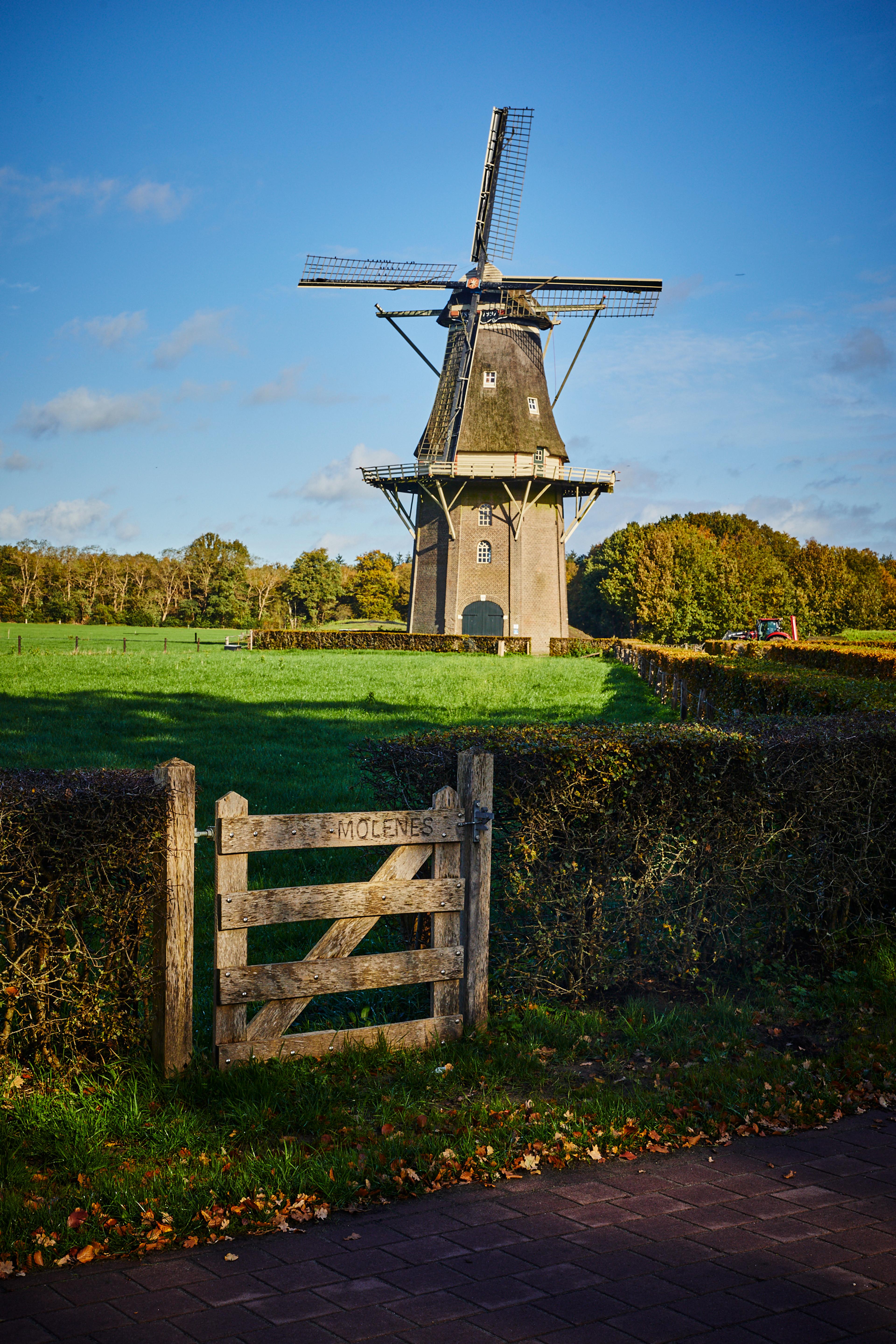 Houten korenmolen met wieken tegen een strakblauwe lucht in Ommen