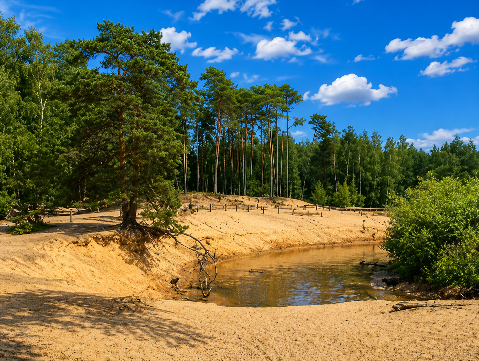 Steile zandige oever van de meanderende Dinkel met dennen en heide in het Lutterzand
