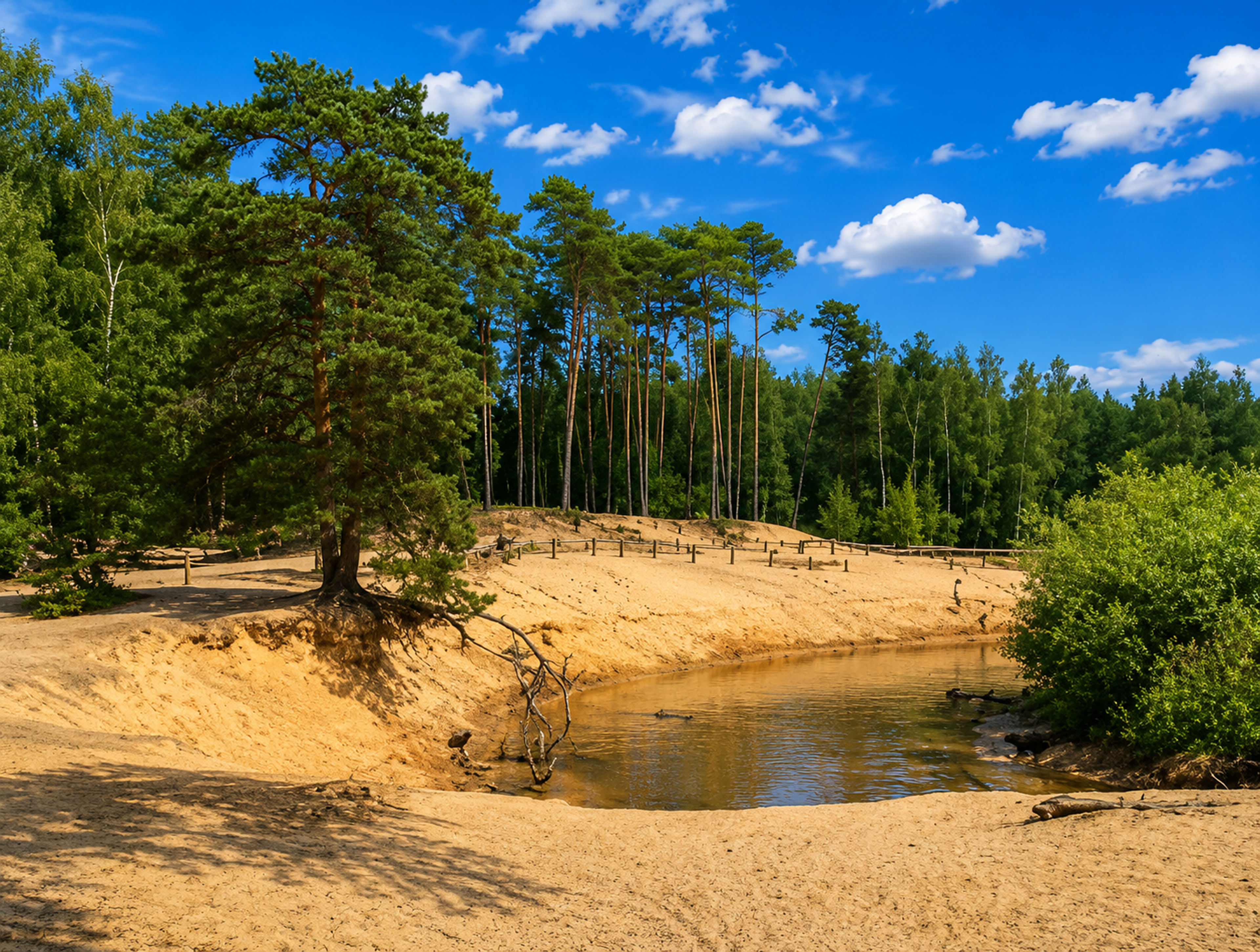 Steile zandige oever van de meanderende Dinkel met dennen en heide in het Lutterzand