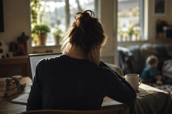 A woman sits at a kitchen table with her back to the viewer, holding her head in a moment of quiet exhaustion while a child plays in the background, conveying the emotional strain and resilience of balancing caregiving, work, and family life.
