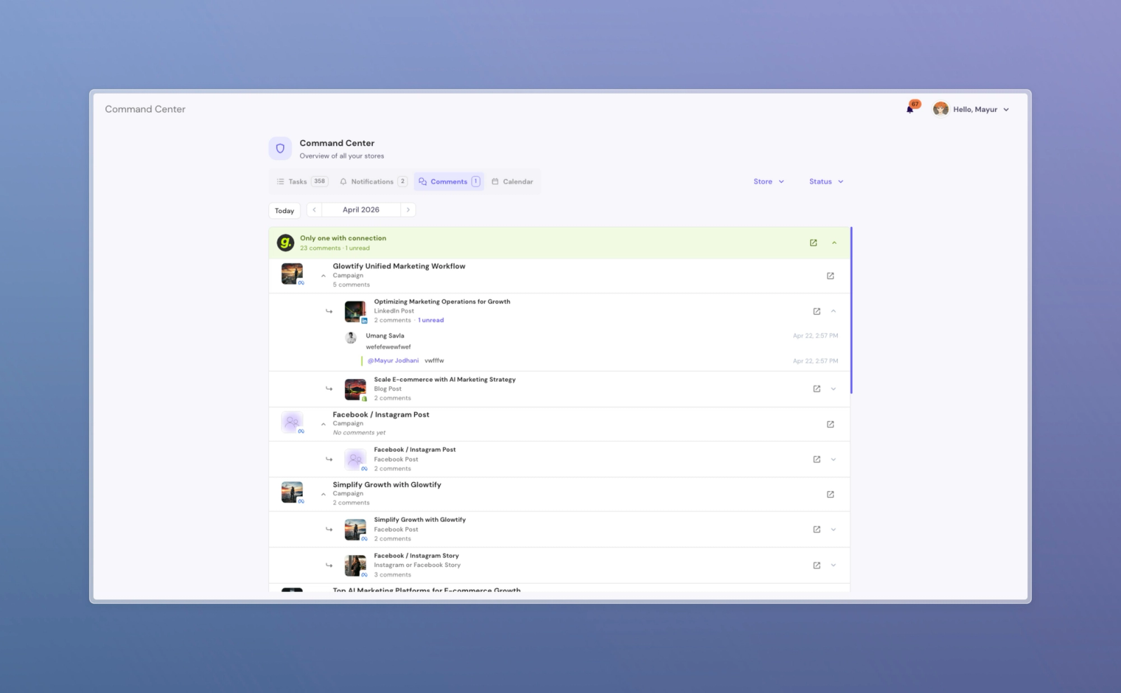 Comments tab with unread-first ordering, campaign subtitles and smarter auto-expand
