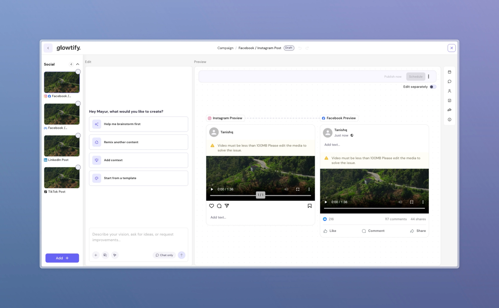 Upfront media-limit warning on the social post preview