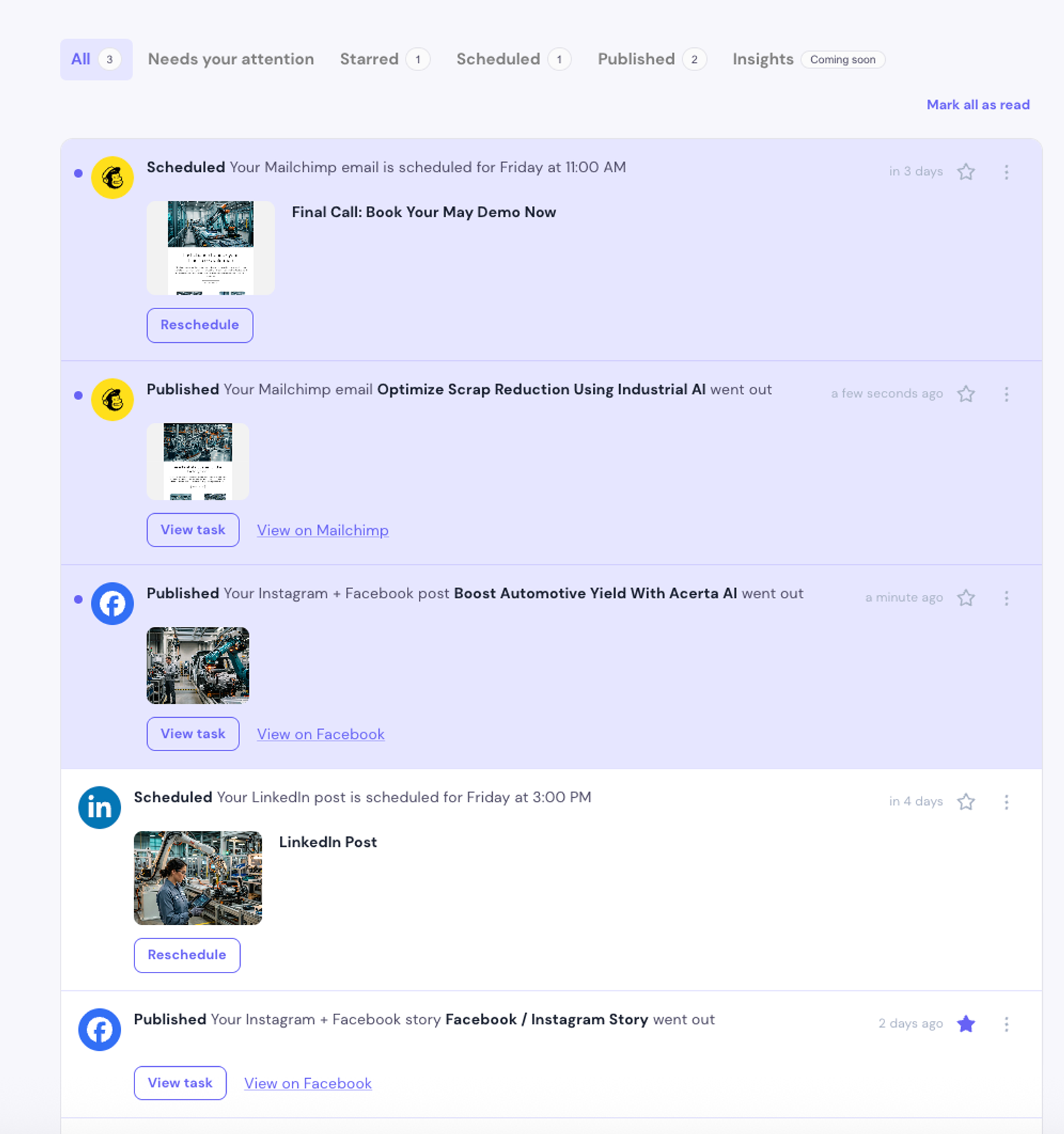 Home feed with unread cards highlighted