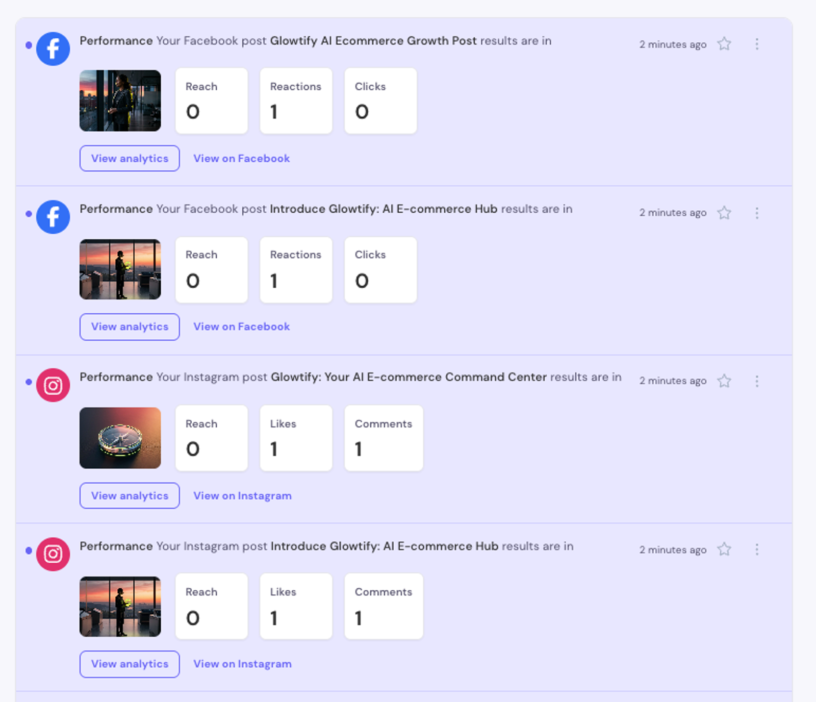 Cross-posted FB+IG content shows two cards, one per channel