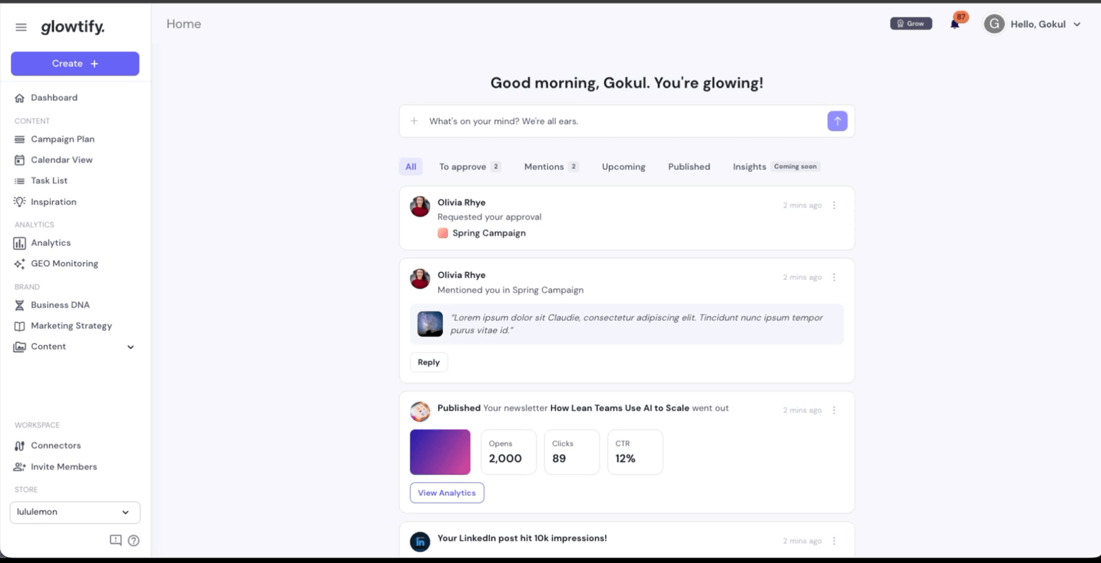 Initial Home page layout at /home