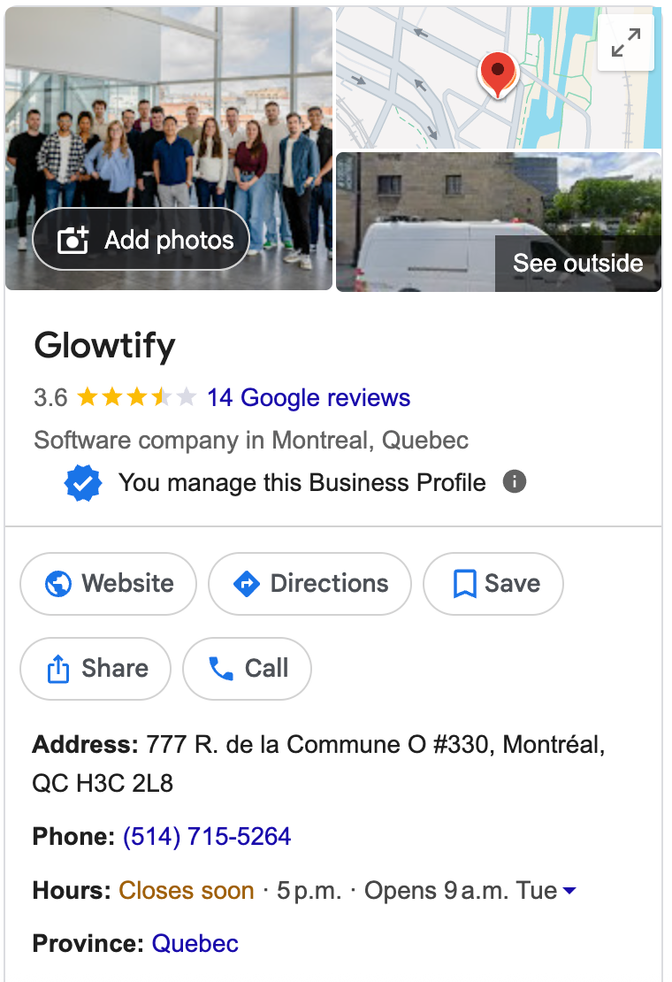 The Google Business Profile panel for Glowtify, showing the business name, category, star rating, address, phone number and opening hours in one place
