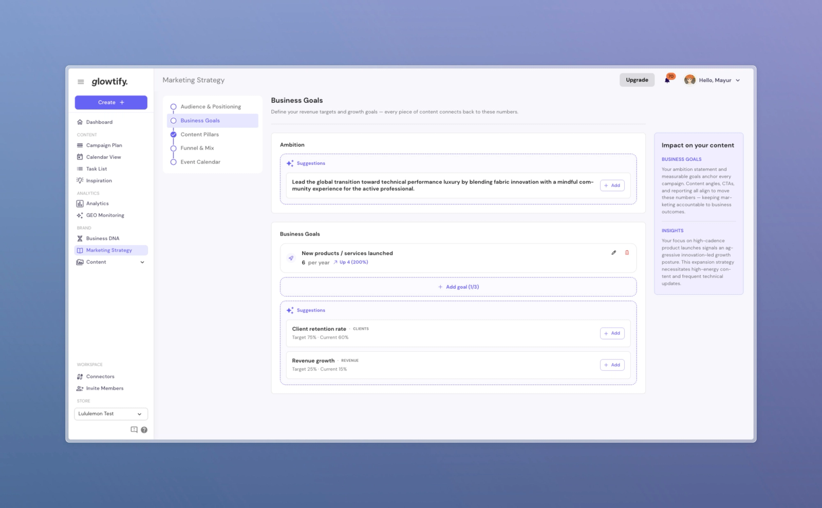 Clean dialog footer with Add Custom Goal, Discard, Save