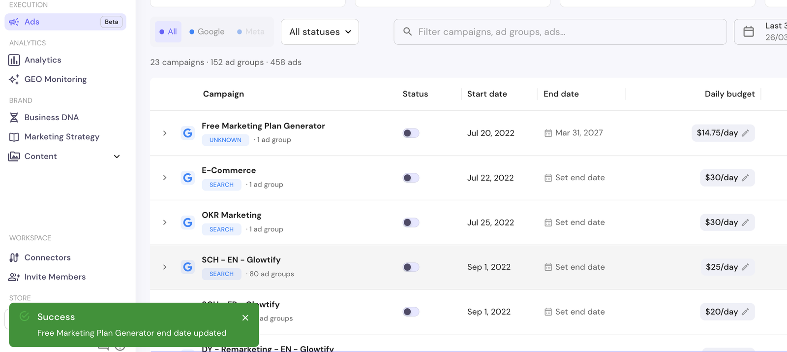 Inline editing for daily budget and end date on the ads table