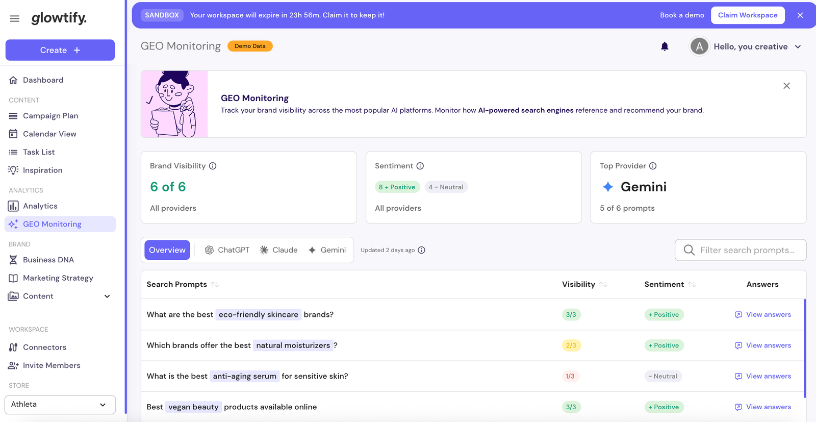 Analytics page with demo data