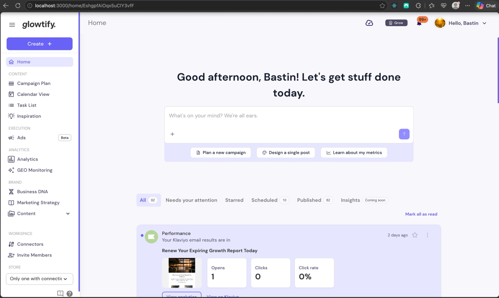 The new home page: chat entry, content tabs, and Insights all in one view