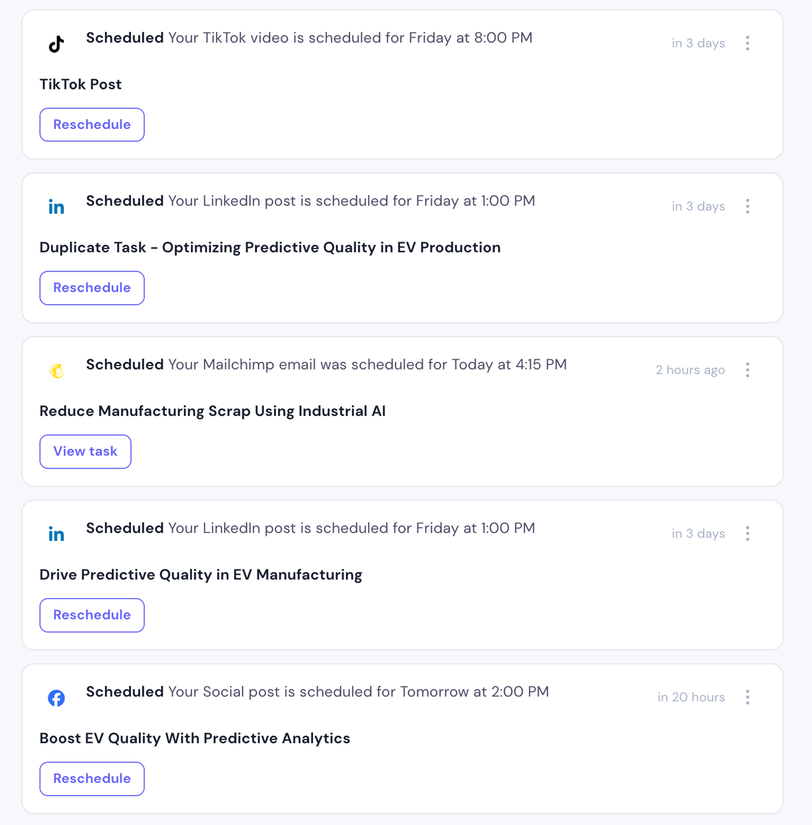 Channel brand icons (Meta, LinkedIn, Klaviyo…) on PUBLISHED and SCHEDULED cards