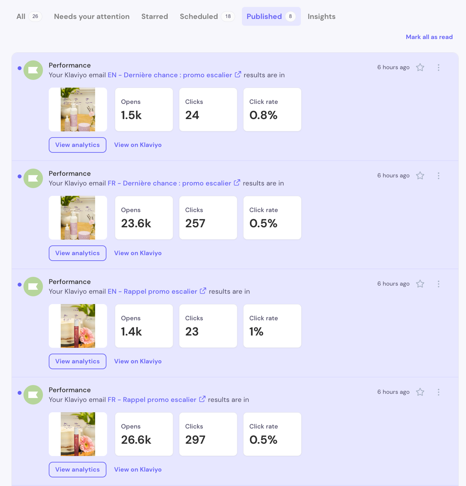 Klaviyo email performance cards land in the home feed: Opens, Clicks, Click rate