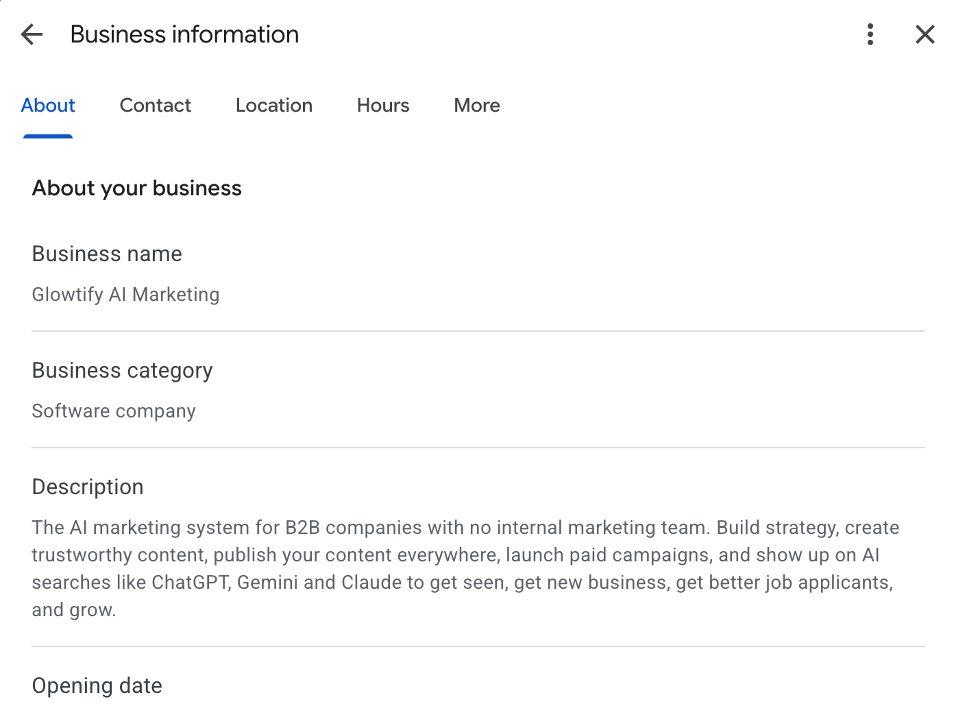 The Business information editor in Google Business Profile, with the About tab open and the business name, category and description filled in