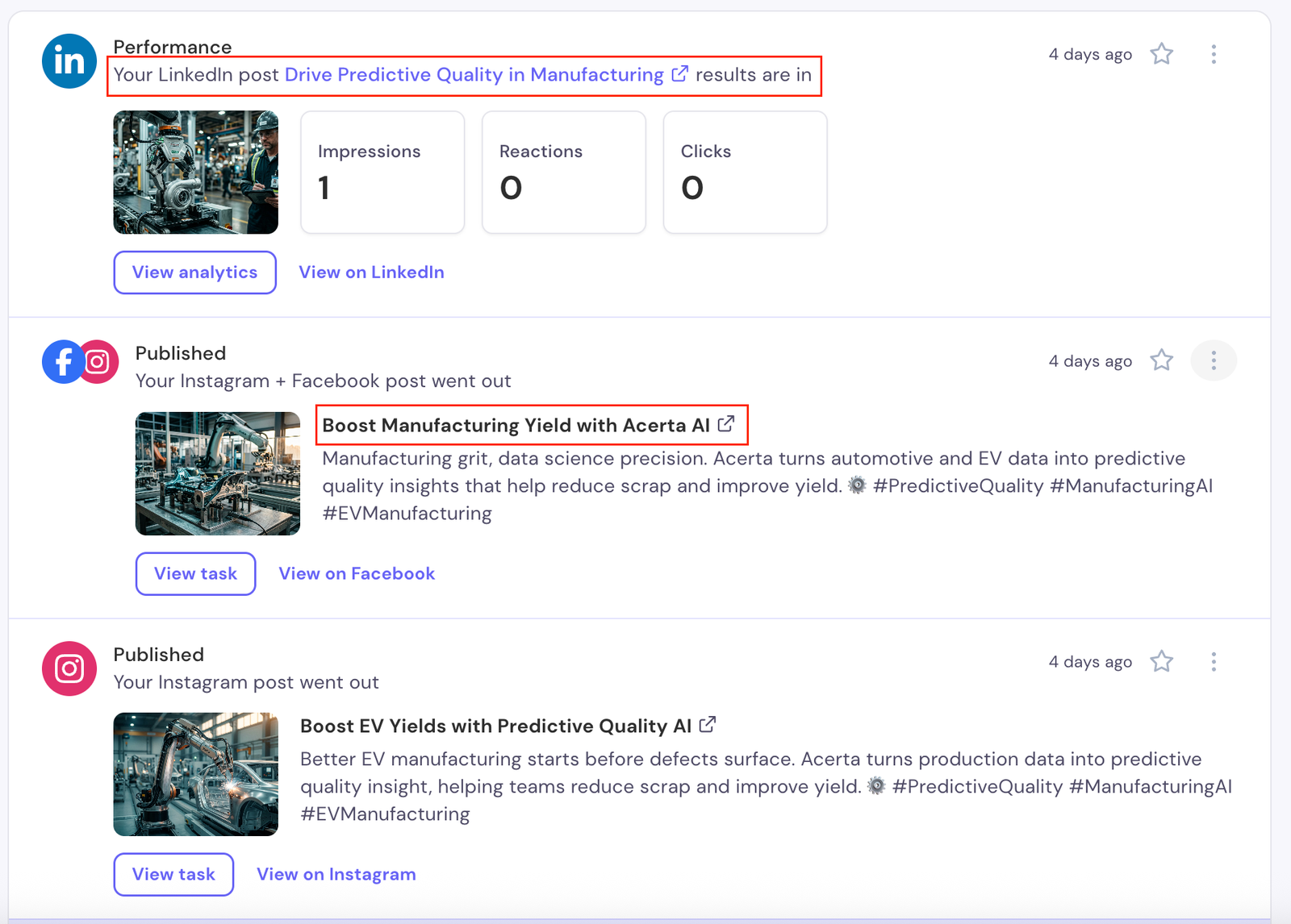 Performance card with inline post name and Impressions, Reactions, Clicks