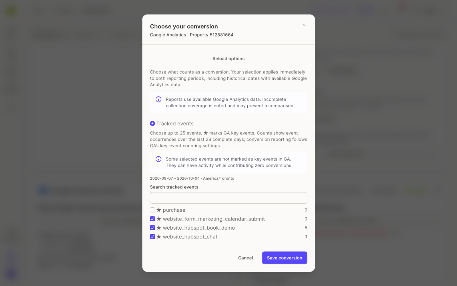 Choisissez les événements Google Analytics qui définissent les conversions de vos rapports.