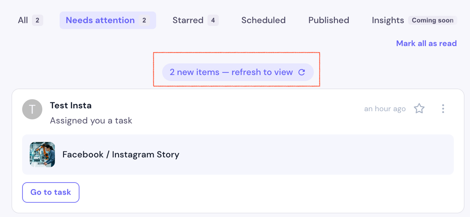 New-activity banner — the feed only refreshes when you click
