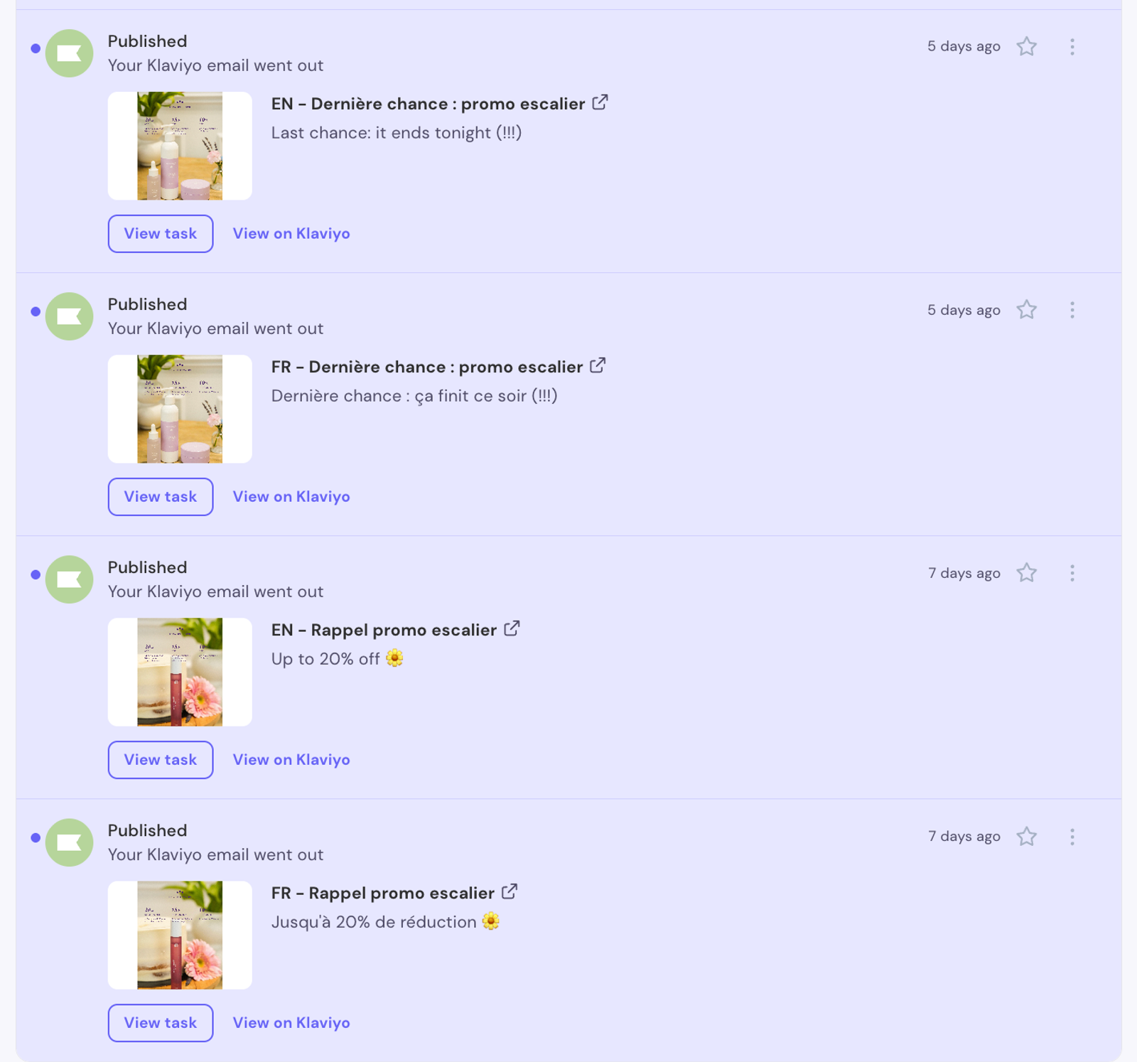 Published feed entries appear for every Klaviyo and Mailchimp send
