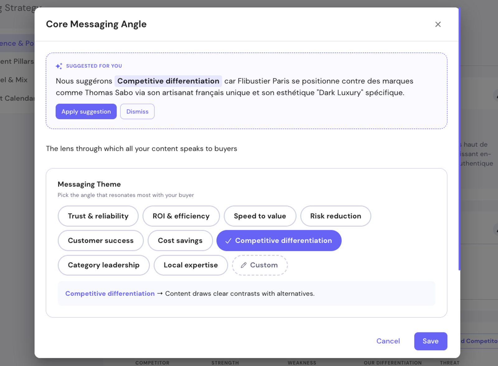 AI suggestions for core message