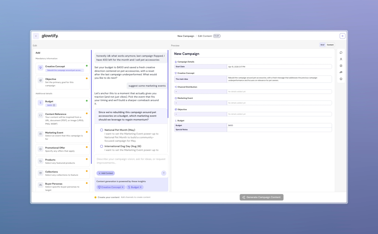Setting a budget + note inside the chat