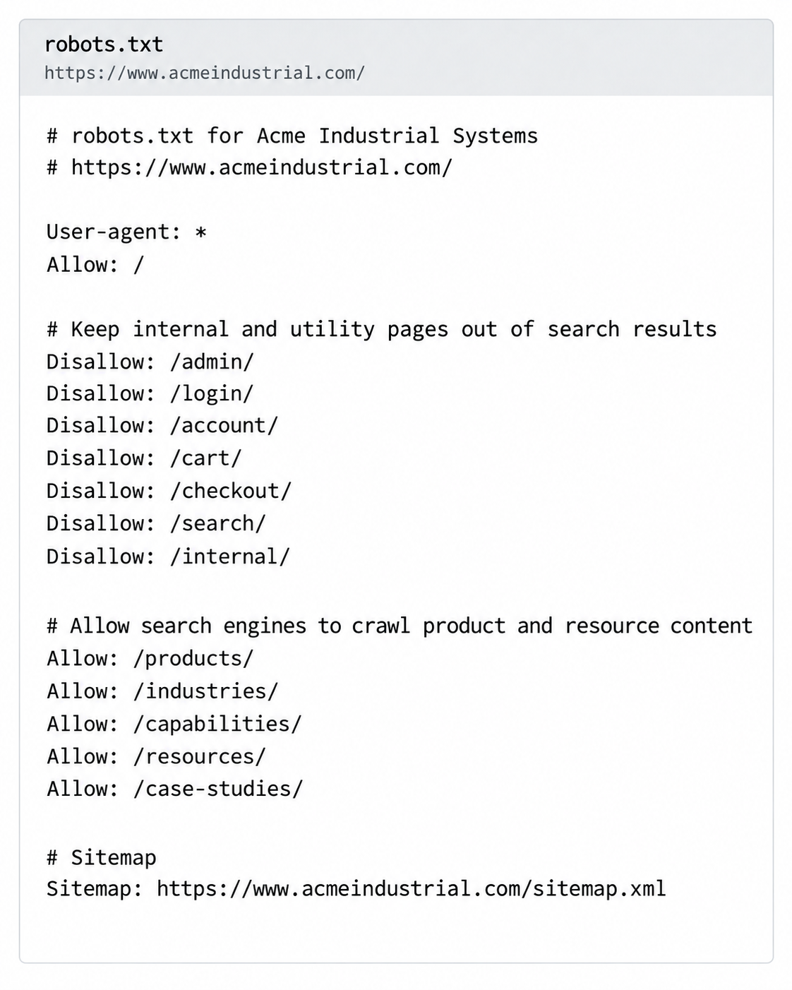An example robots.txt file, allowing search engines to crawl the product and resource sections while keeping admin, login and checkout pages out of search results