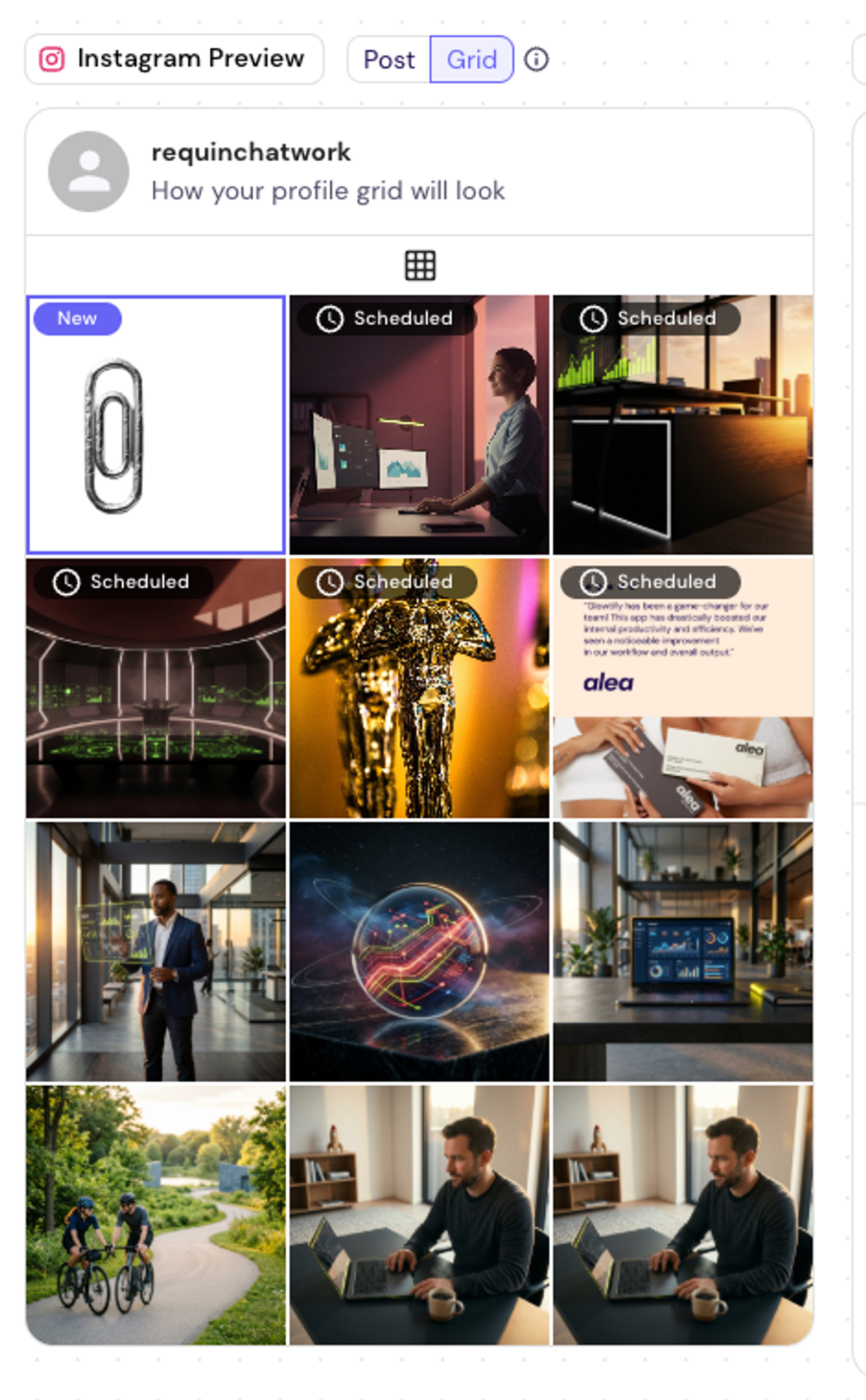 L’aperçu Instagram en mode Grille — votre nouvelle publication avec la mention « New », et vos autres publications Glowtify programmées à leur juste place.