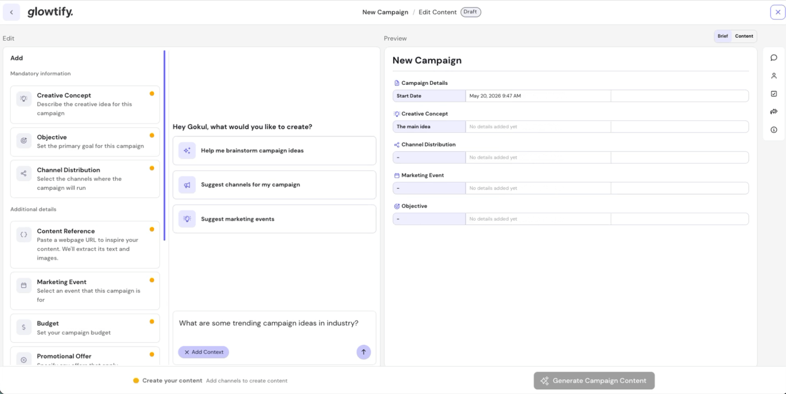 Dropping a URL into Campaign chat to seed a content reference
