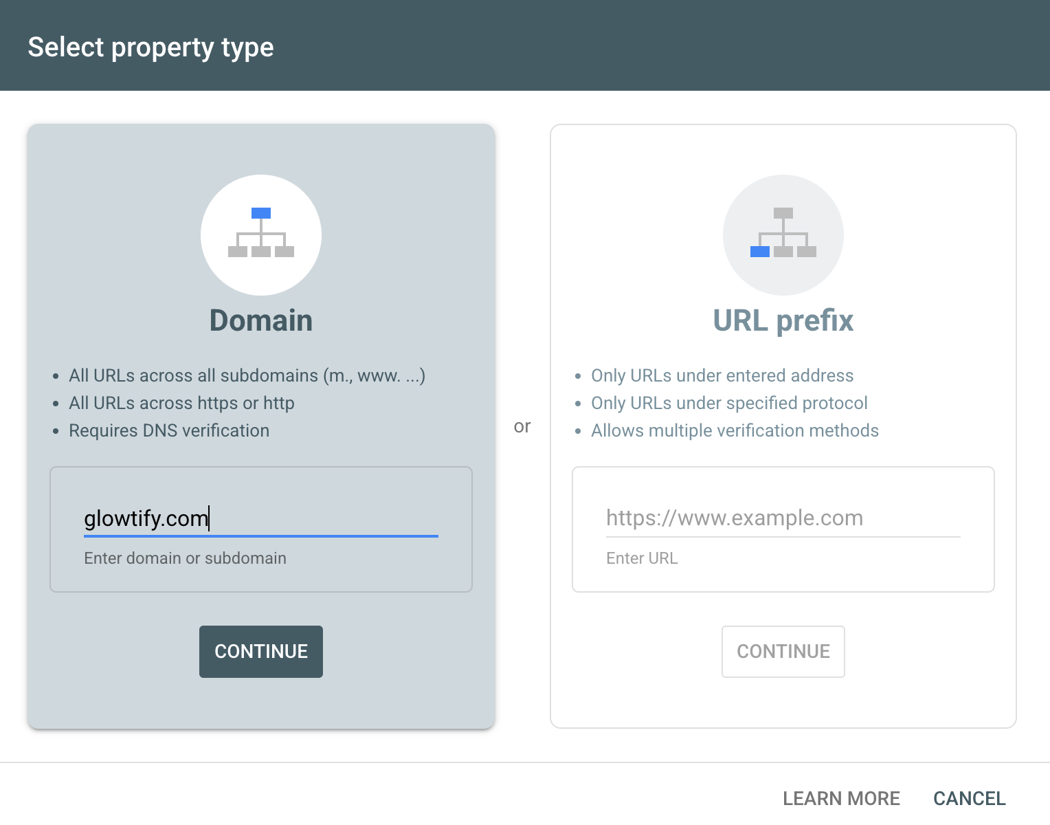 Google Search Console asking you to choose a property type, with a domain entered in the Domain box next to the URL prefix option