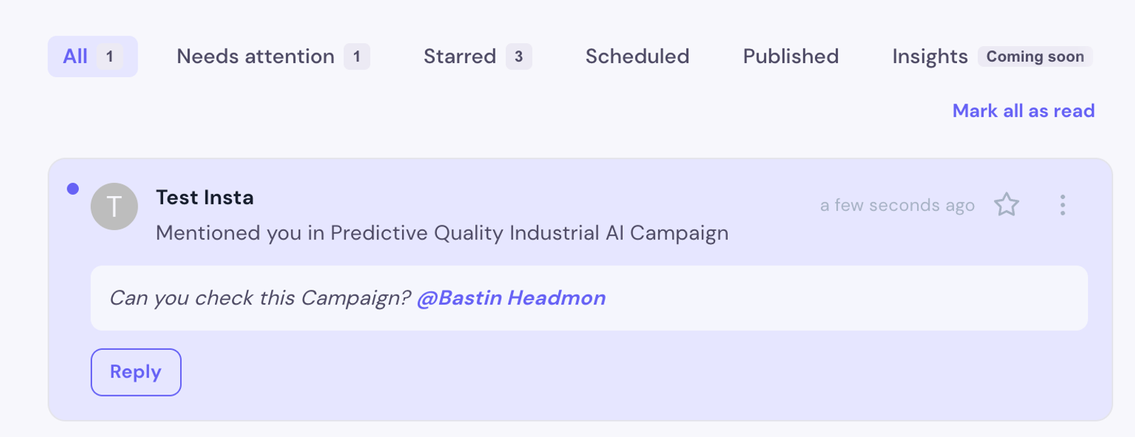 Mention card with Reply CTA that deep-links to the epic comment panel