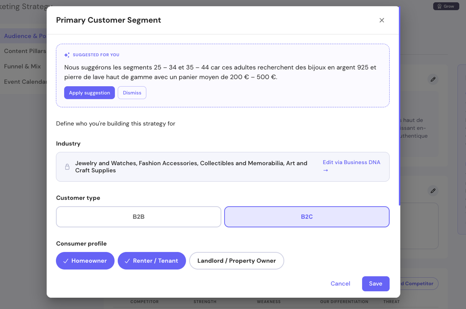 AI suggestions for customer segment