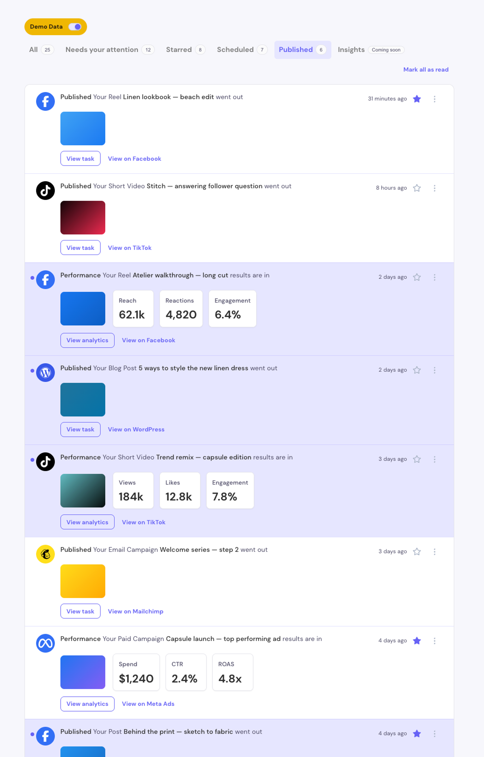 Demo Data toggle: the Published tab