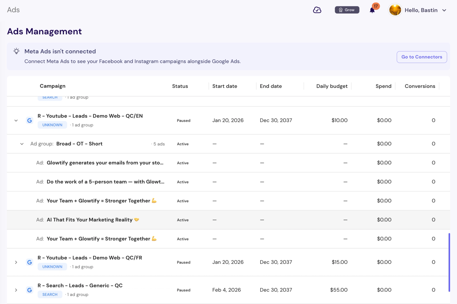 Ads hierarchy showing individual ads and creatives
