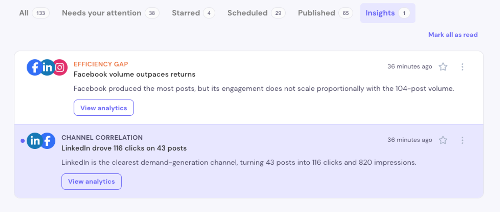 New Insights tab on the home feed, with real cross-channel insight cards