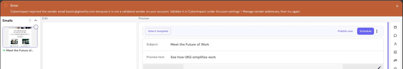 A Cyberimpact sender error explains the problem and how to recover.