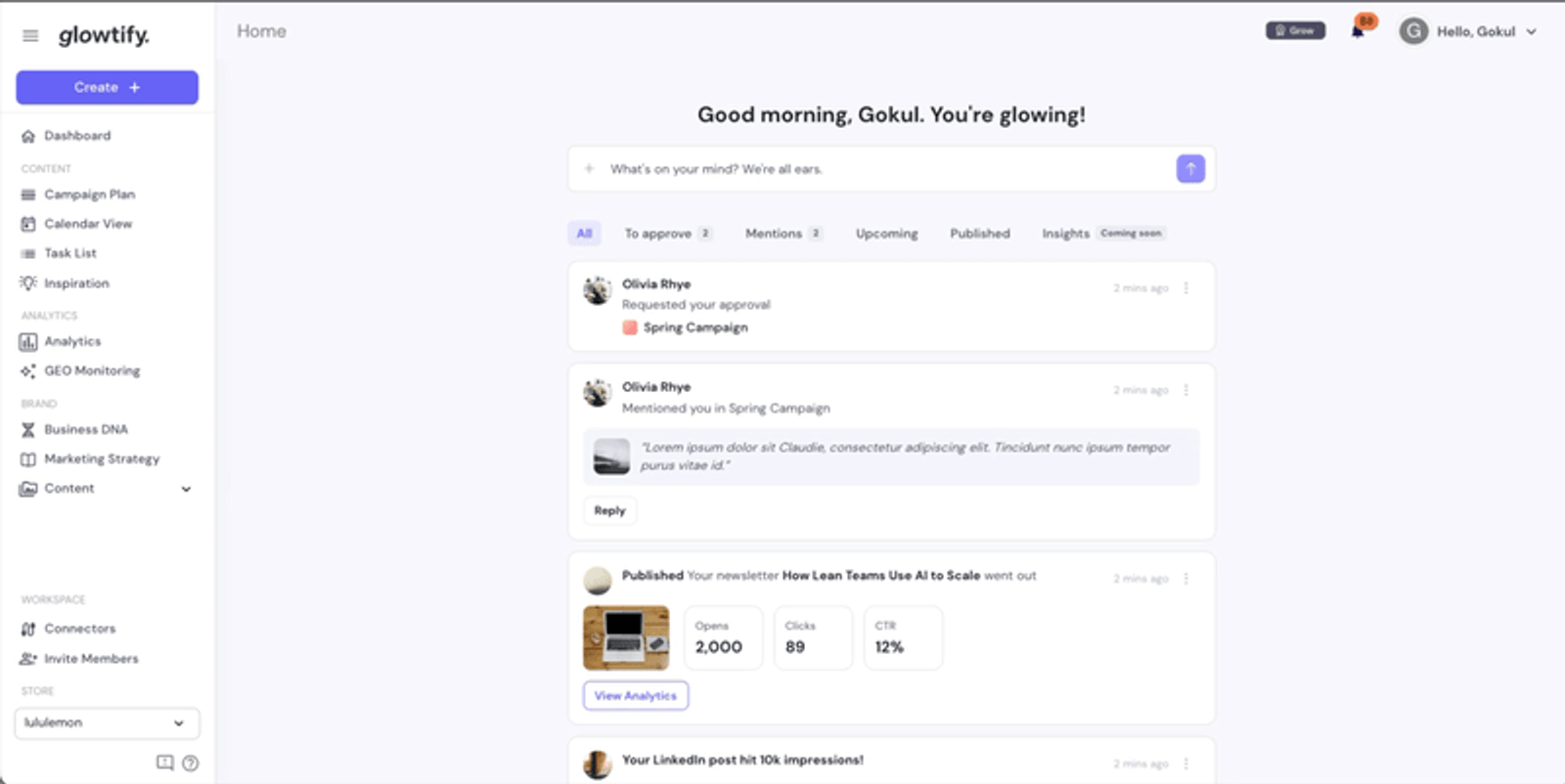 First end-to-end pass: chatting with the homepage assistant to brief a campaign
