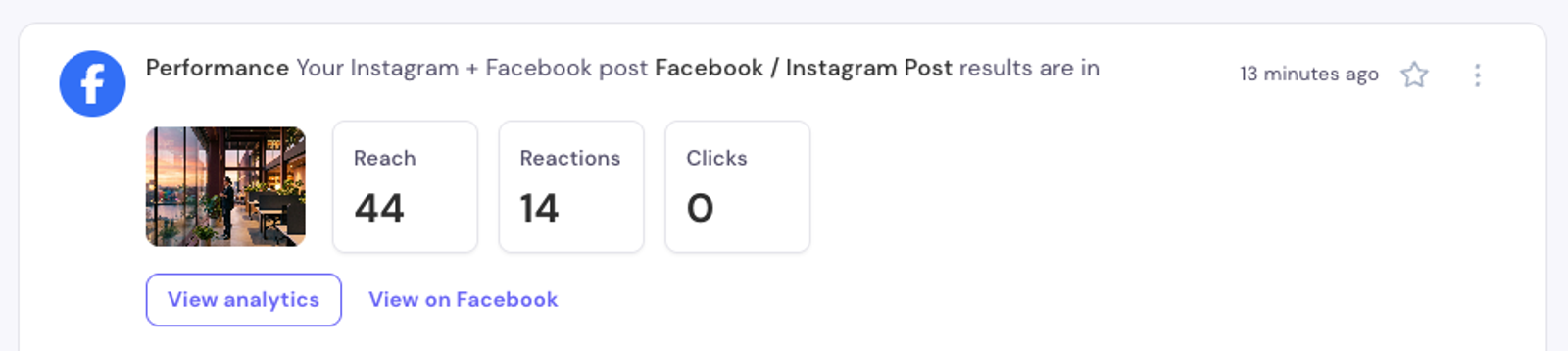 Facebook (Reach / Reactions / Clicks) and Instagram (Reach / Likes / Comments) cards