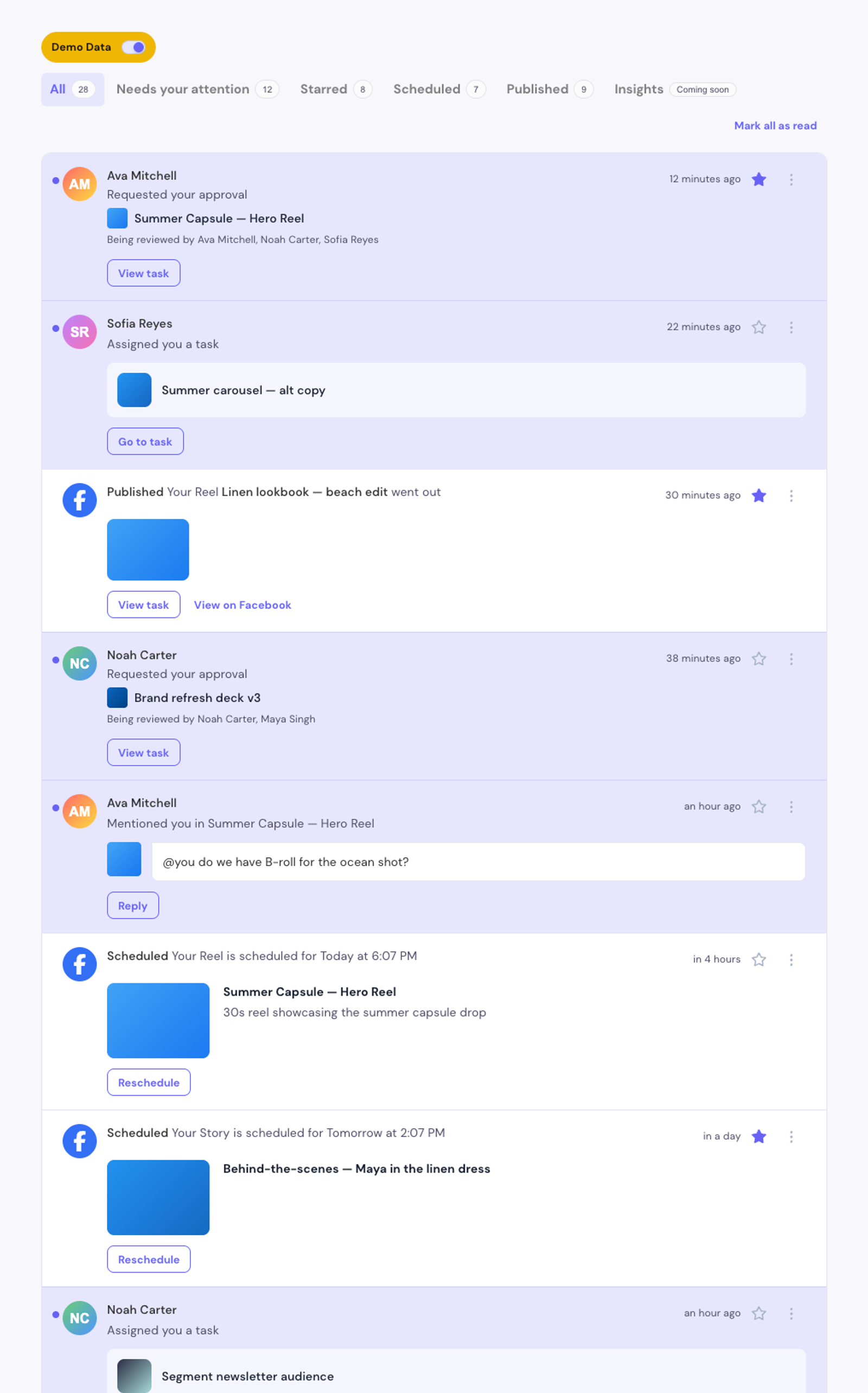 Demo Data toggle: the All tab with the full feed lifecycle