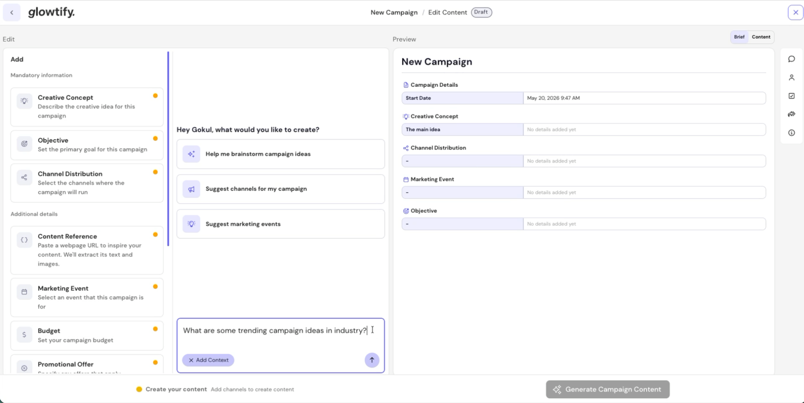 Campaign chat with web search and URL-drop, briefing alongside the campaign details panel