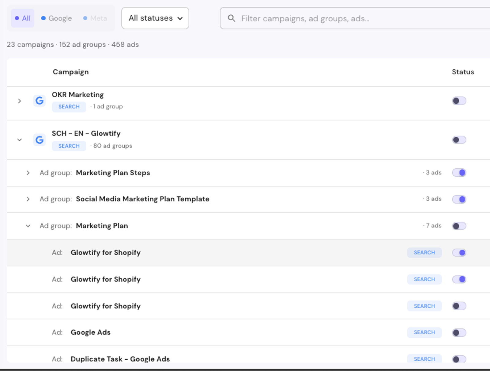 Toggling ad status on/off inline from the table