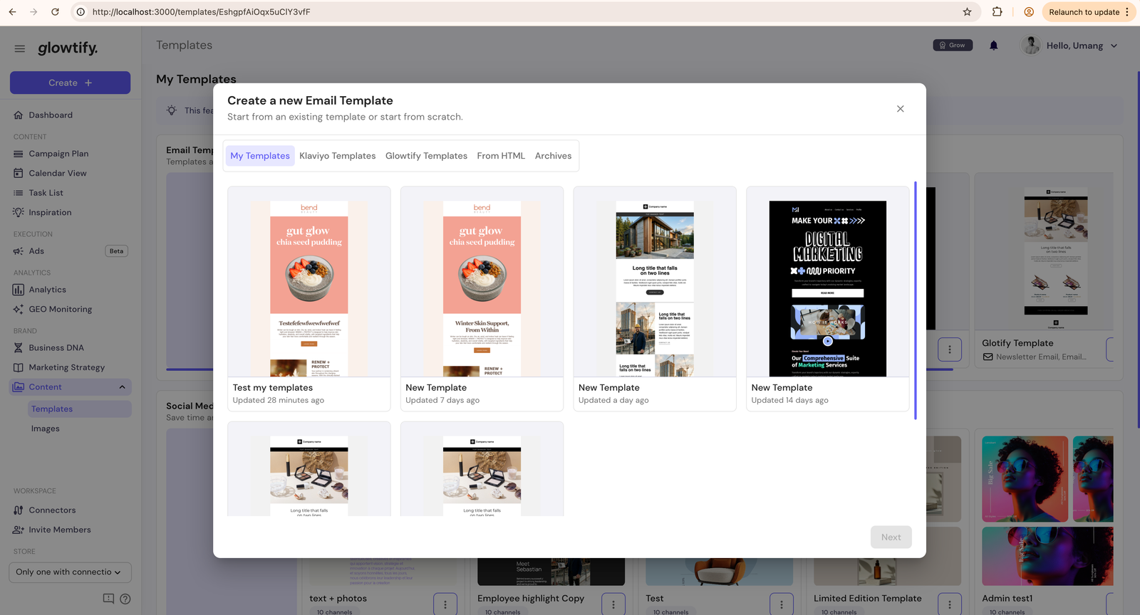 Email template picker split into My templates and Glowtify templates tabs