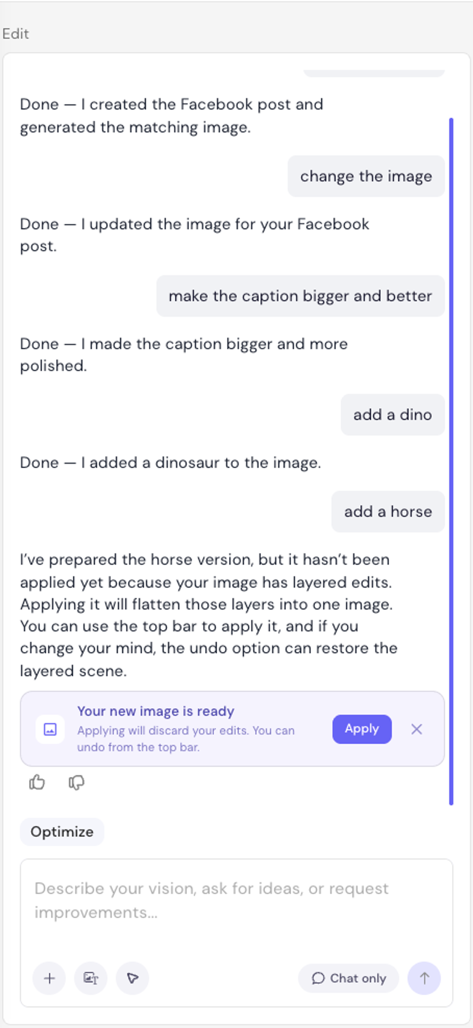 Confirmation bar before chat replaces an existing task image