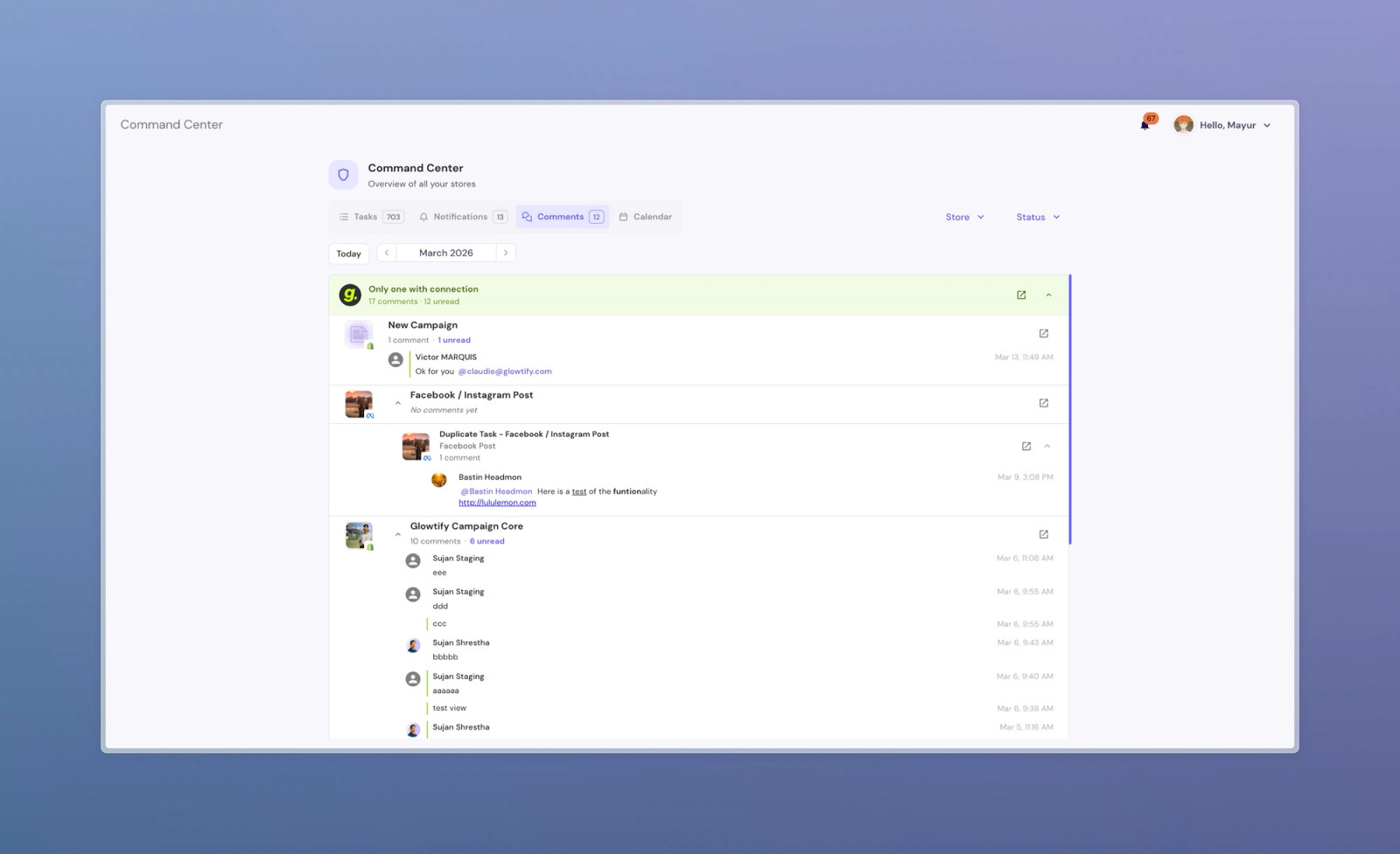 Comments tab in Command Center with inline reply and unread indicators