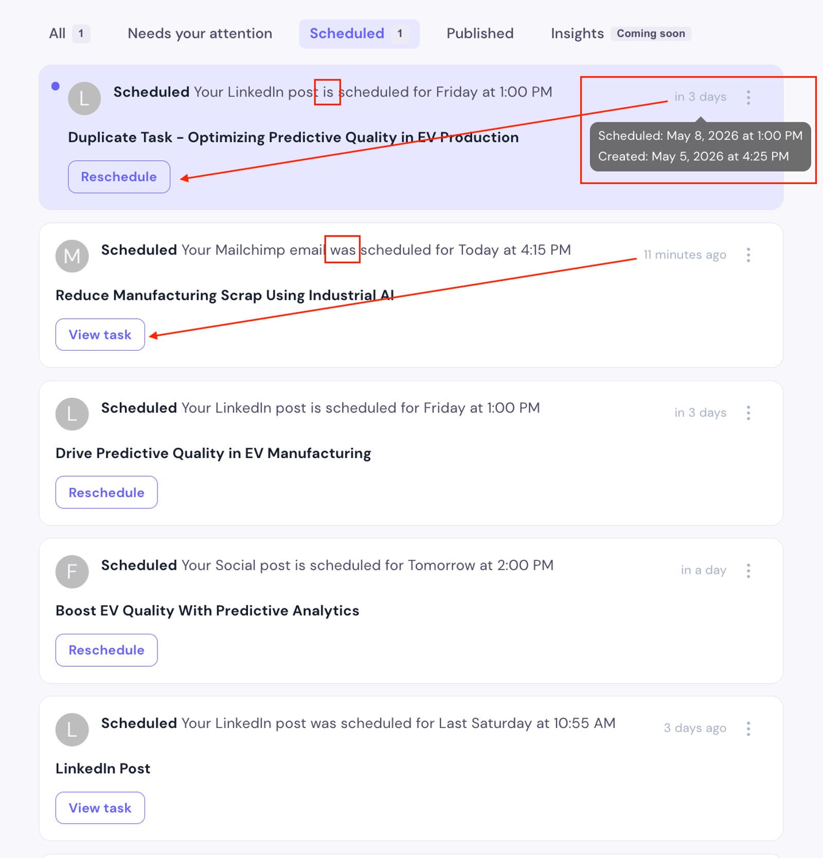 SCHEDULED cards: live countdown that flips to overdue, with View task once past