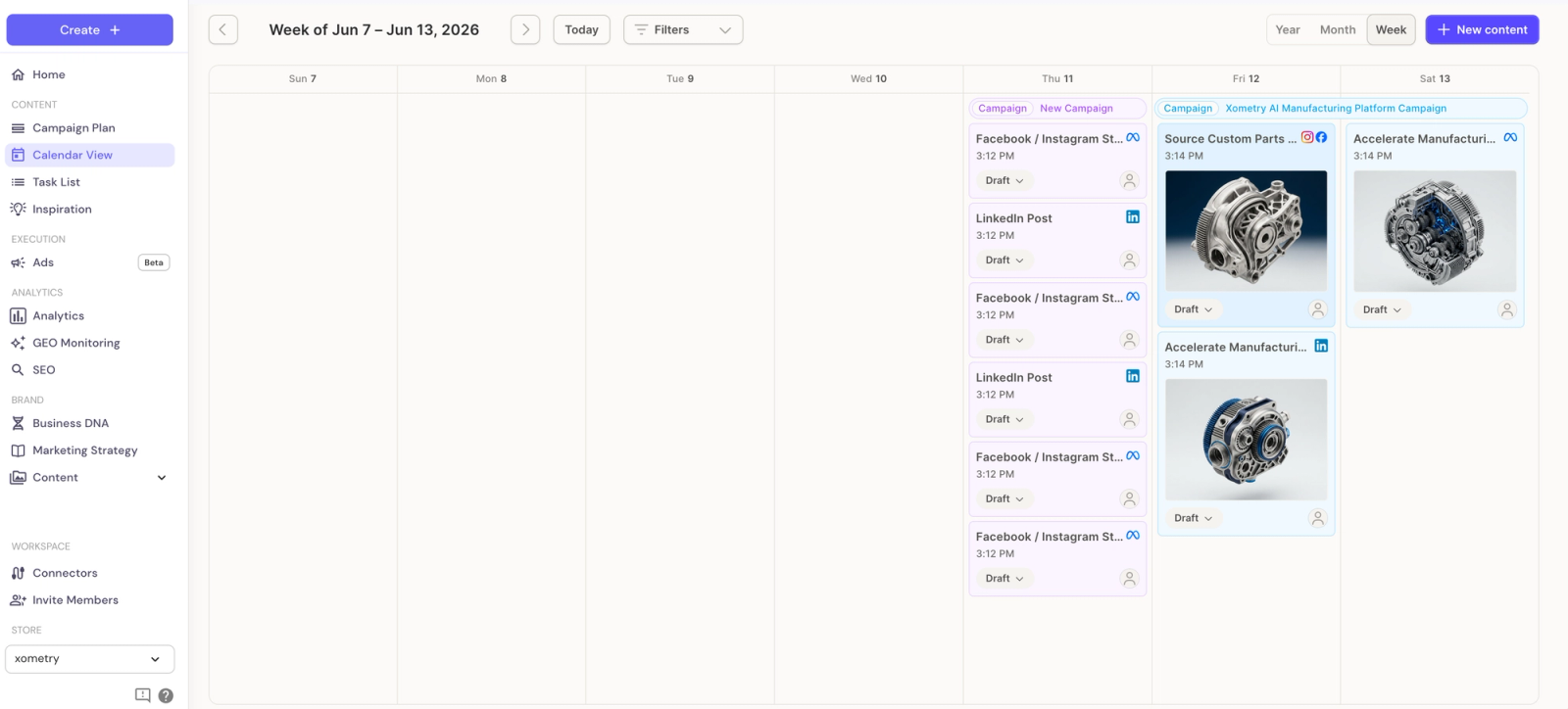 The week view displays campaigns as coloured bands stretching across dates with resizable edges.