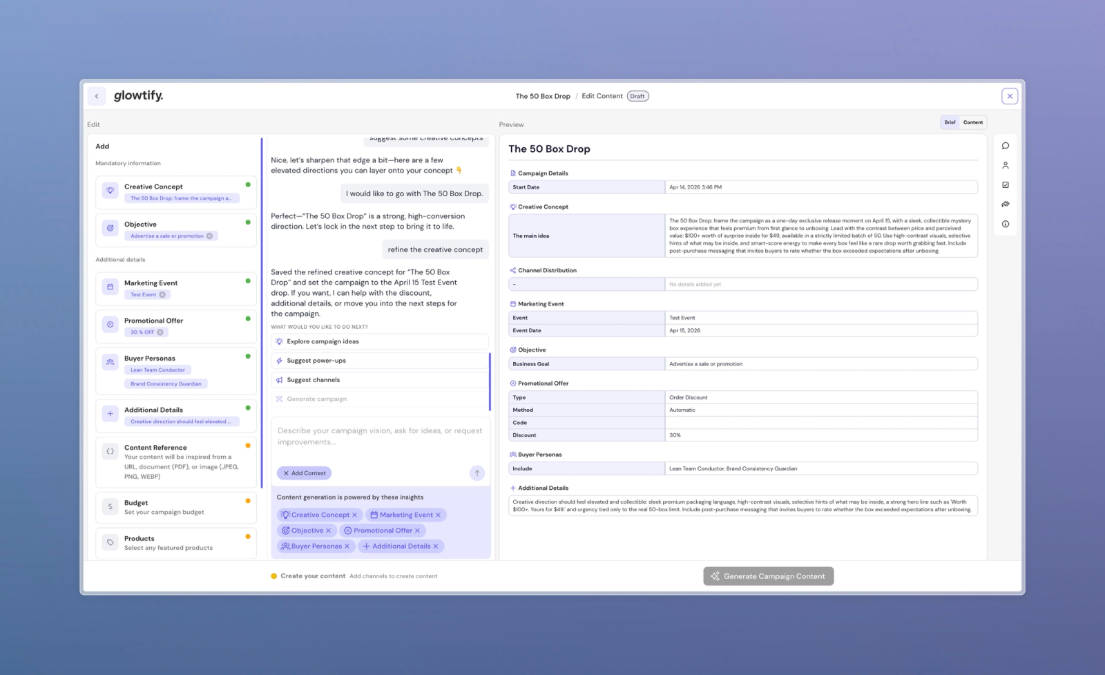 Selecting business goal and creative concept from chat