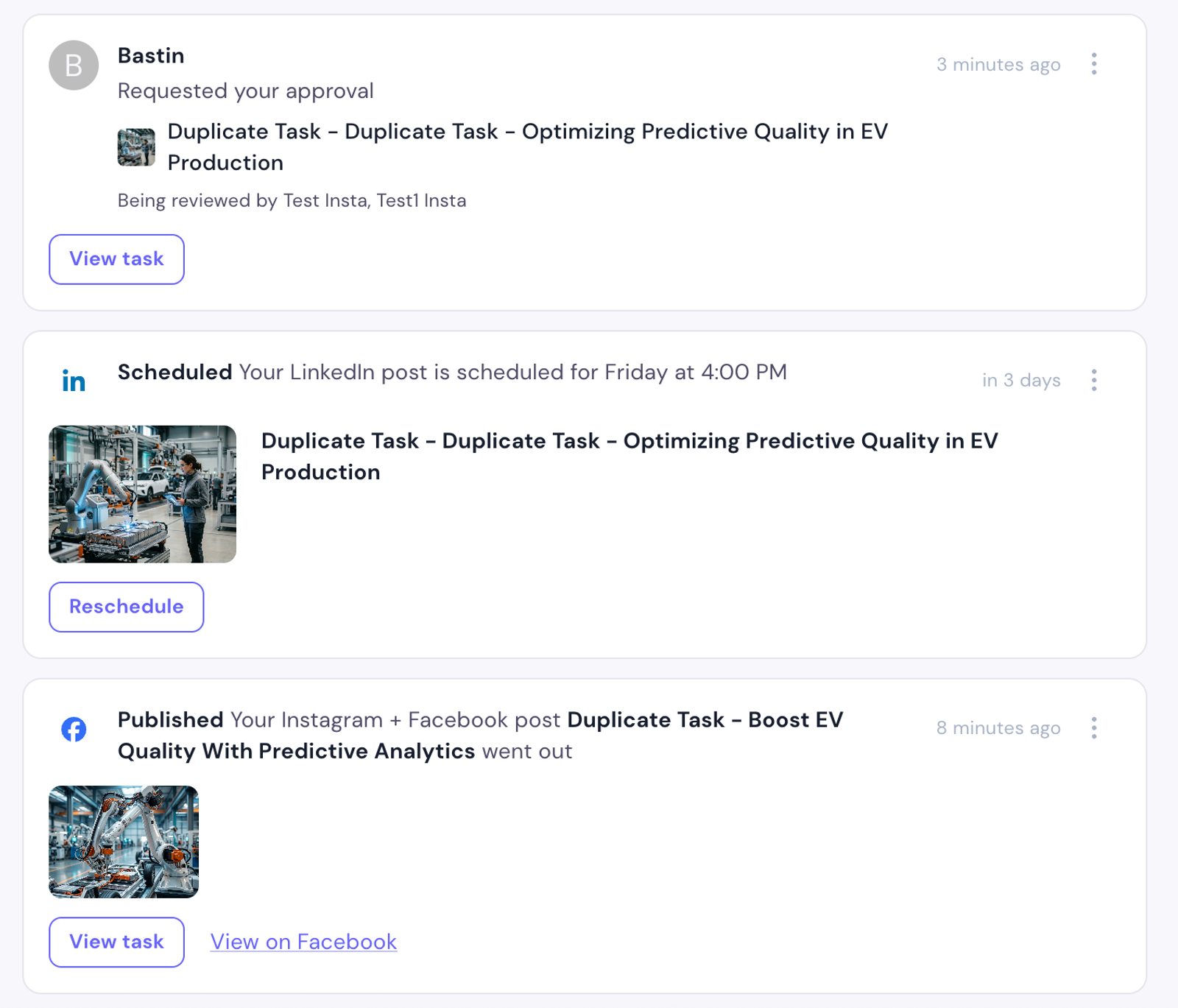 Task image thumbnails on PUBLISHED, SCHEDULED, and APPROVAL cards