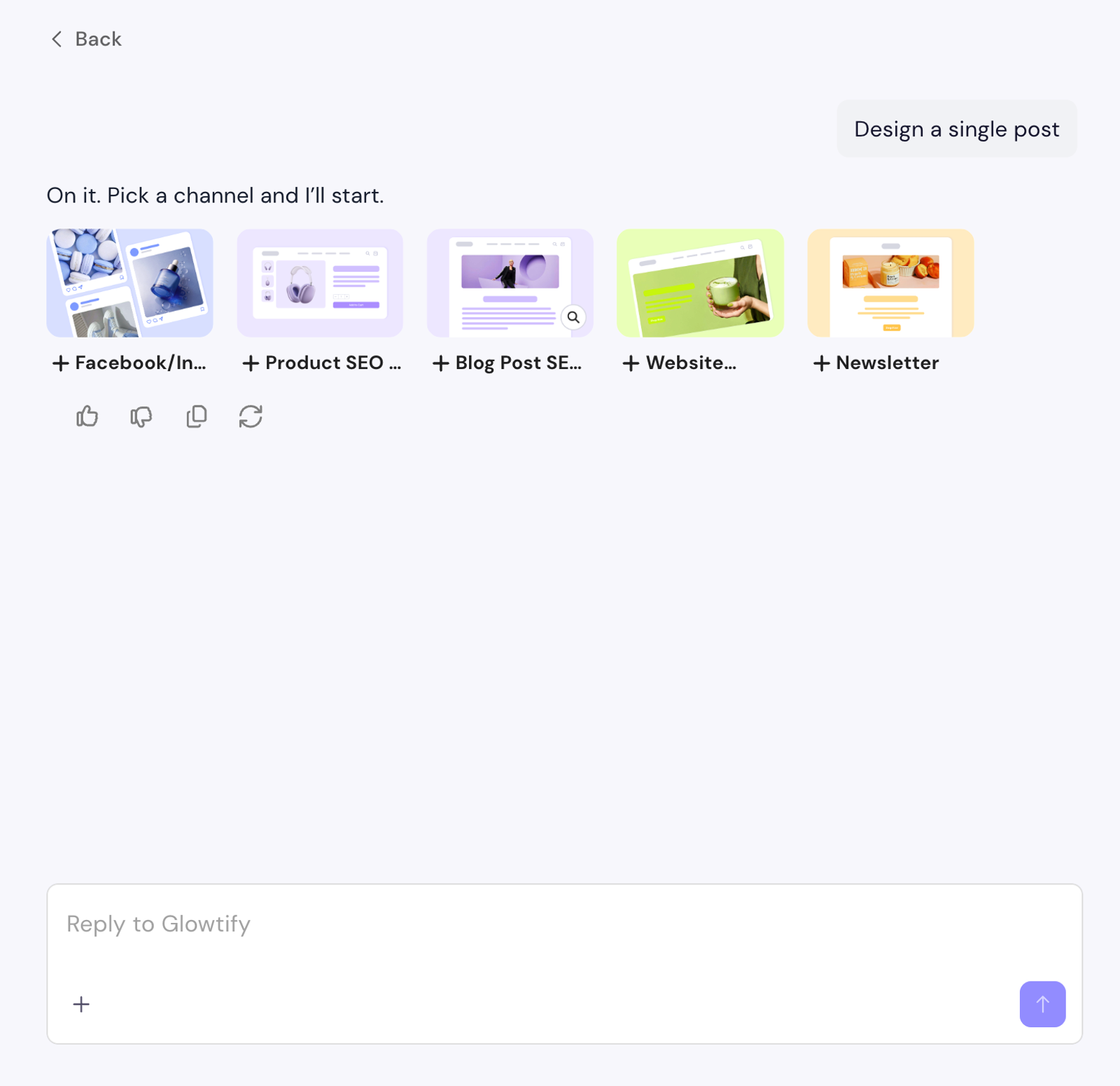 Back link returns to the greeting + feed view while preserving conversation history
