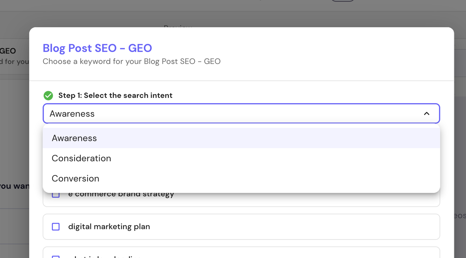 Updated search-intent labels clarify a campaign SEO/GEO choice.