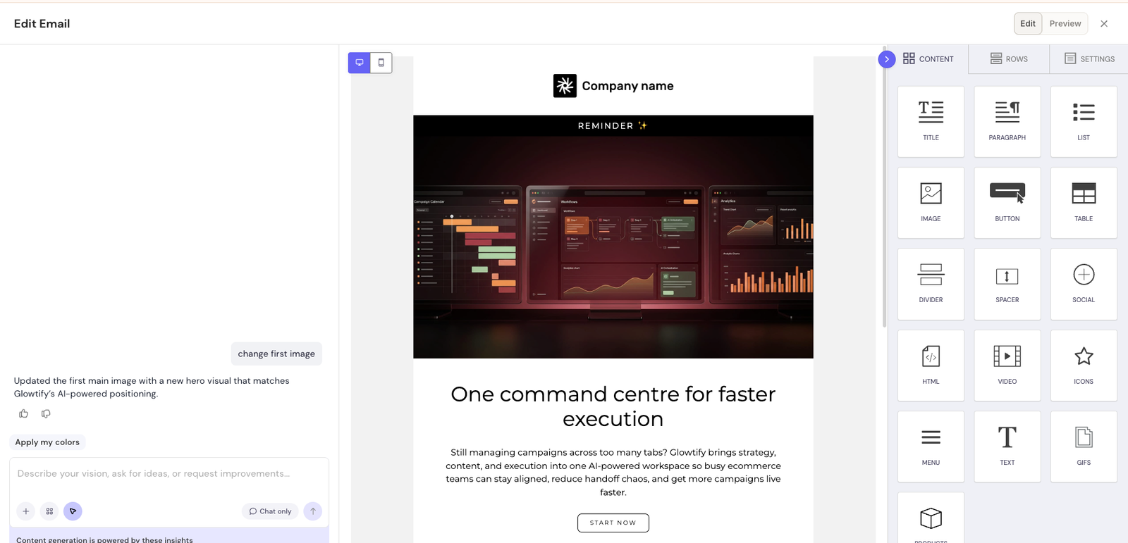 Review the finished email in Preview before publishing.