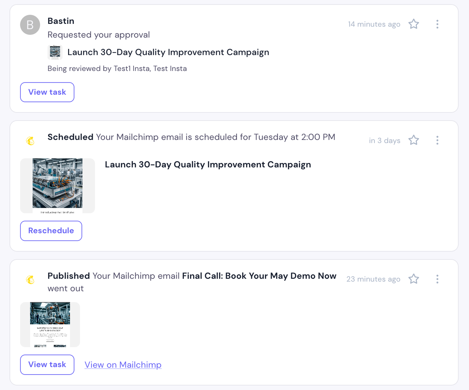 Email-task cards (Mailchimp / Klaviyo / CyberImpact) show a rendered preview