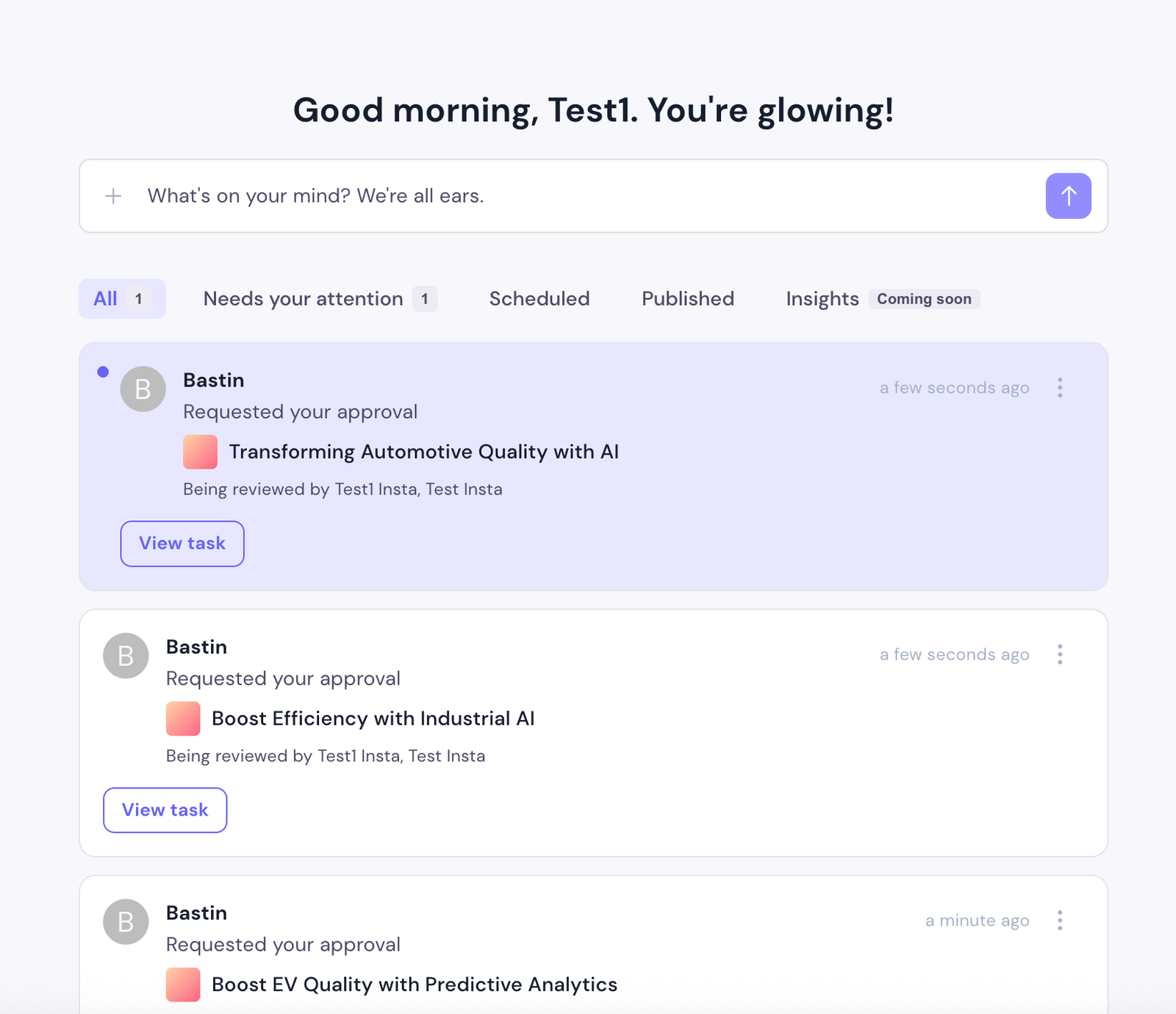 Approval request card for a task review